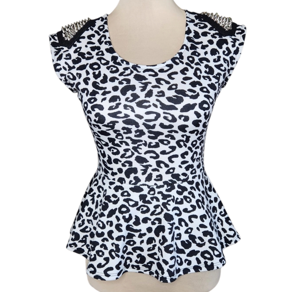 Annabelle USA Leopard Peplum Top Studded Shoulders Small Edgy Punk Alt Mobwife